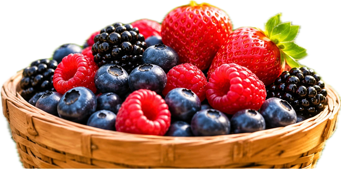 Canasto de mimbre lleno de berries recién cosechados