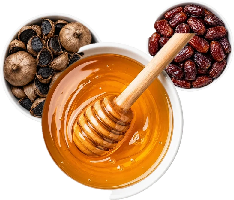 Bowls de ajo negro, dátiles y miel juntos