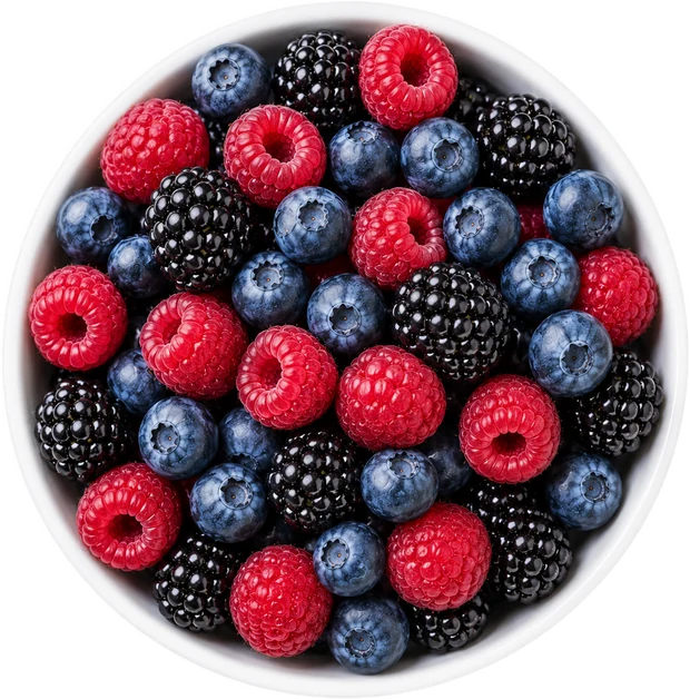 Bowl con mezcla de frambuesas, arándanos y moras